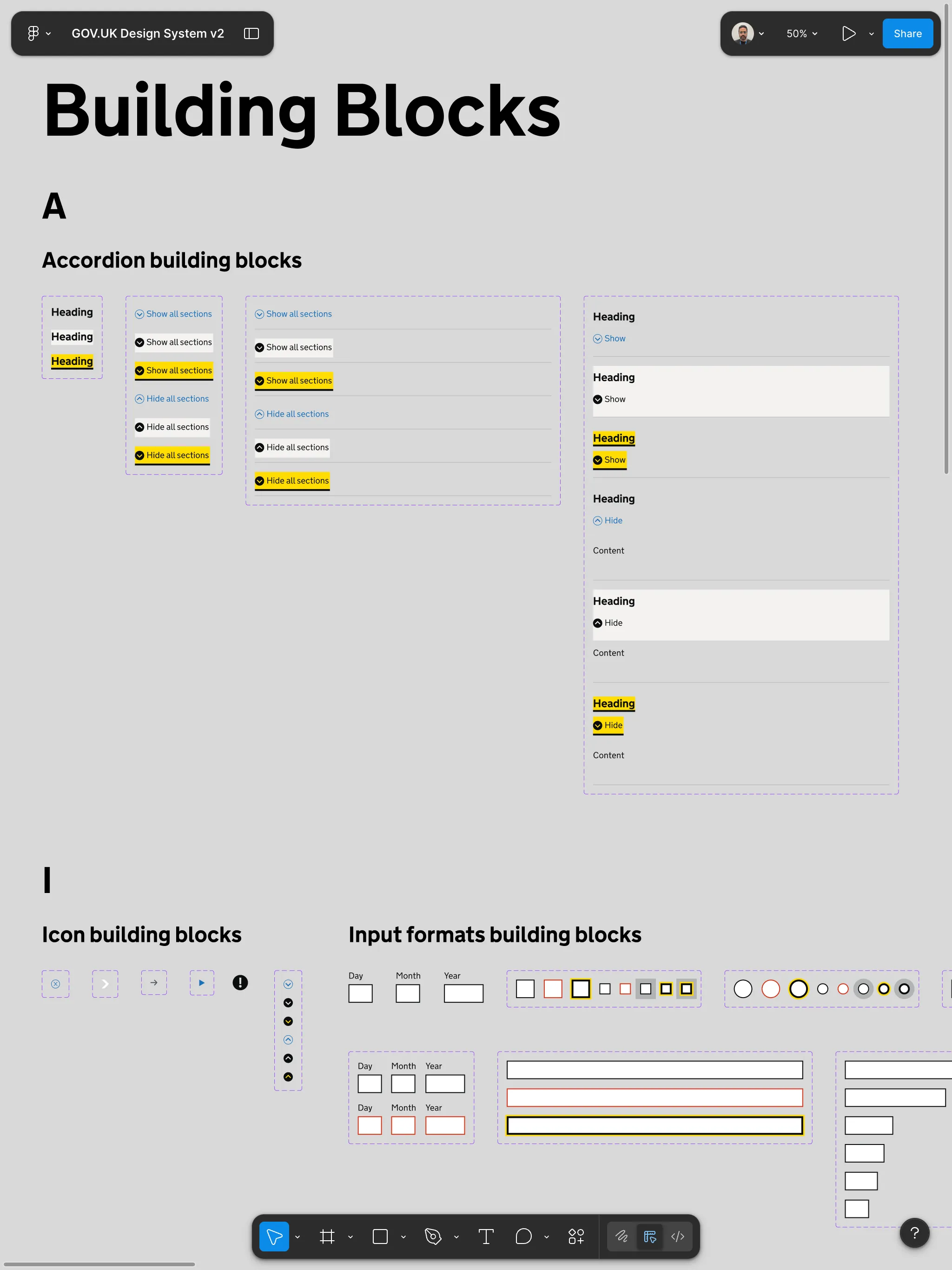 Screenshot of a Figma file showcasing: accordion, icon, and input format building blocks from the GOV.UK Design System.