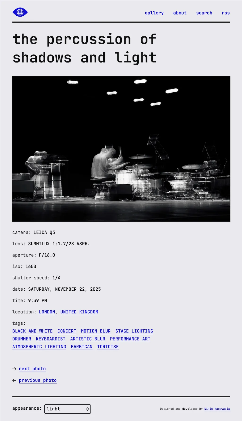 Web page containing the photograph entitled, "The Percussion of Shadows and Light".