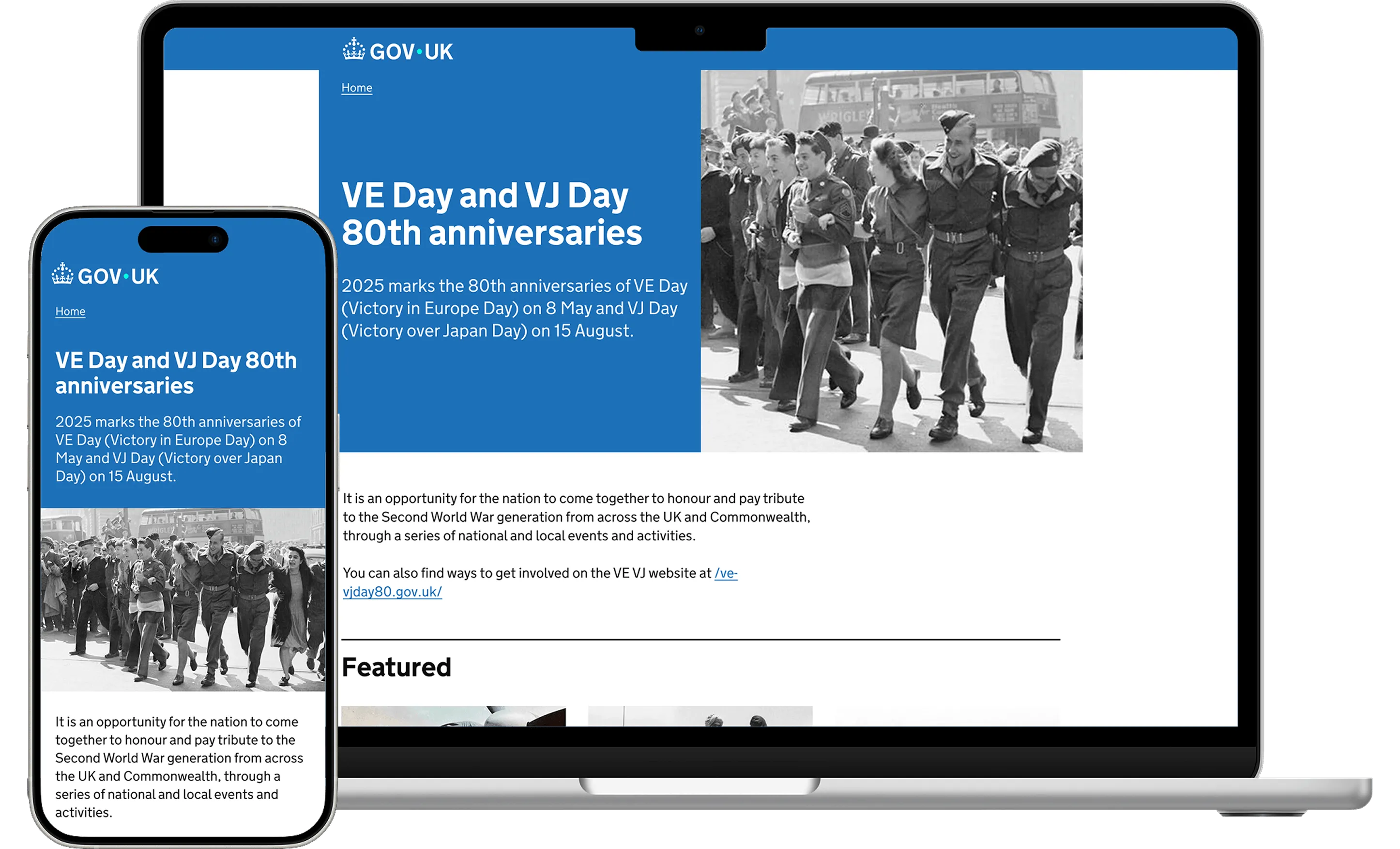 A webpage display on a smartphone and laptop about the 80th anniversaries of VE Day and VJ Day, with a black-and-white photo of people celebrating.
