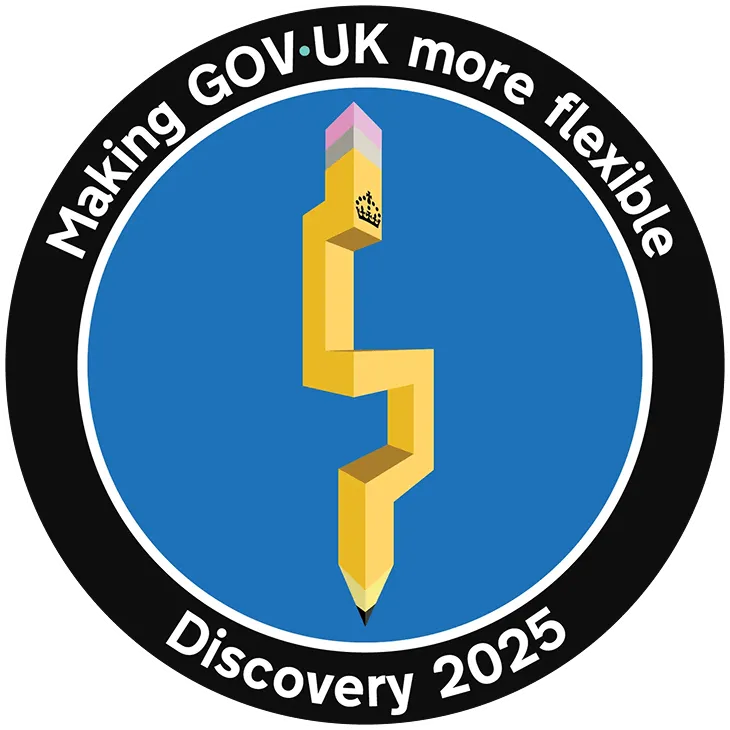 Circular mission patch with a zigzag-shaped pencil and the text "Making GOVĀ·UK more flexible" and "Discovery 2025."