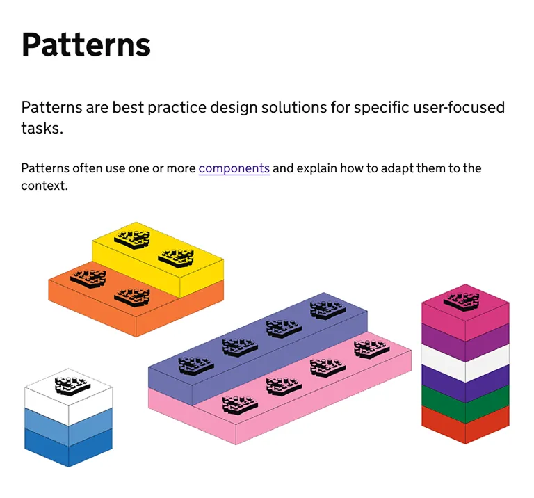 A set of colorful building blocks with explanatory text about reusable patterns.