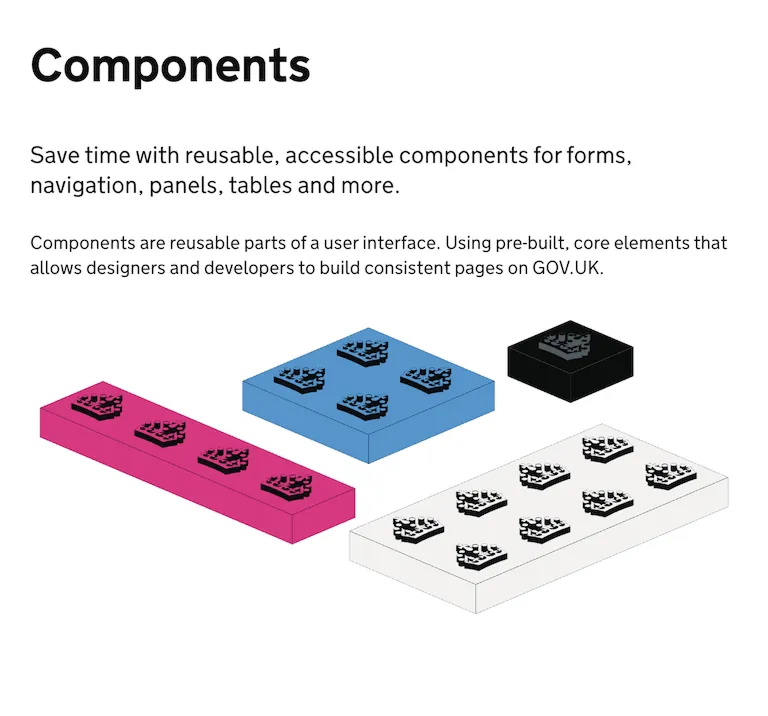 A set of colorful building blocks with explanatory text about reusable components.