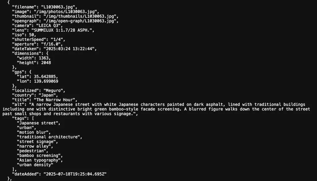 Screenshot of the metadata for the photograph entitled, "The Narrow Hour".