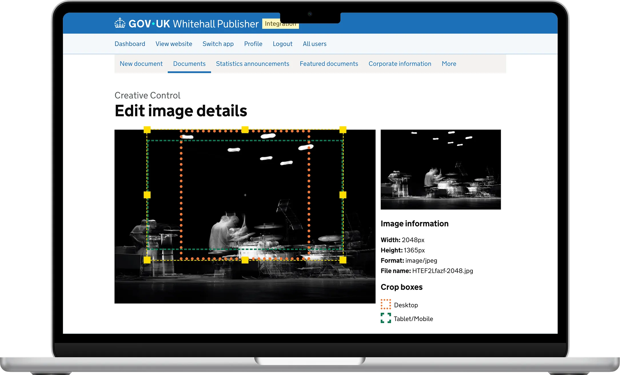 Screenshot of the GOV.UK Whitehall Publisher interface displaying image cropping capability.