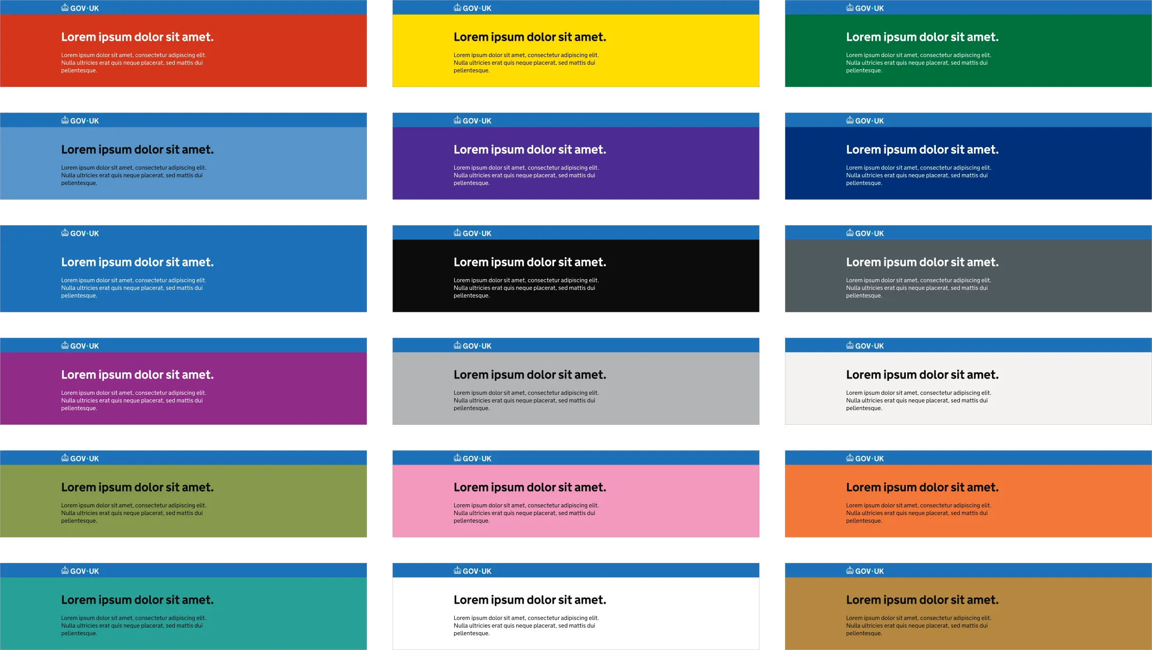 Grid of colored variations of the proposed header with "GOV.UK" logo and placeholder text.