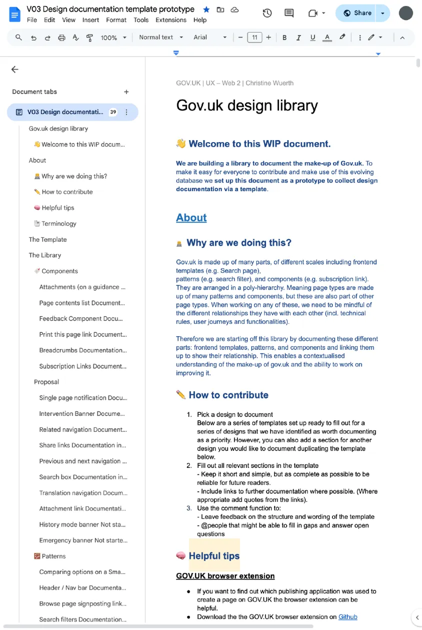 Screenshot of a Google Docs document titled "Gov.uk design library," detailing the purpose and contribution guidelines.