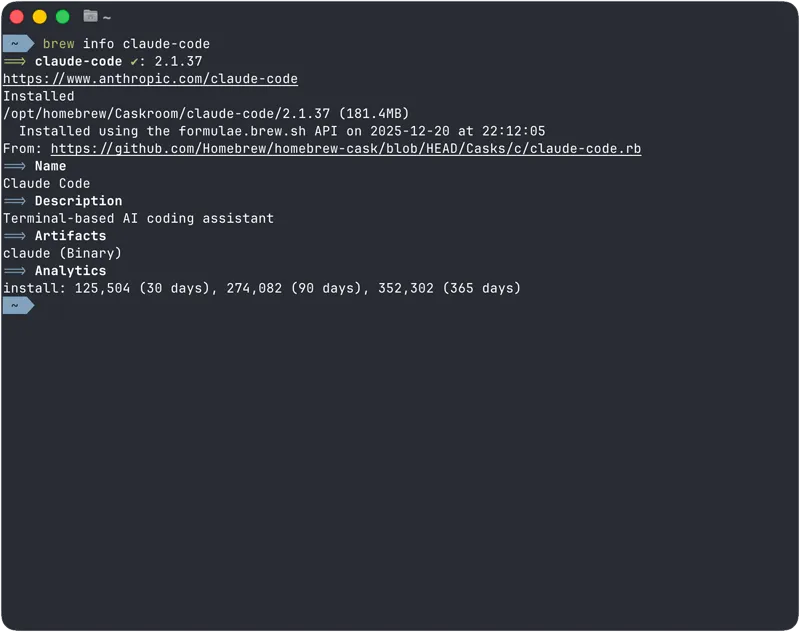 Terminal window showing installation info for claude-code version 2.1.34.